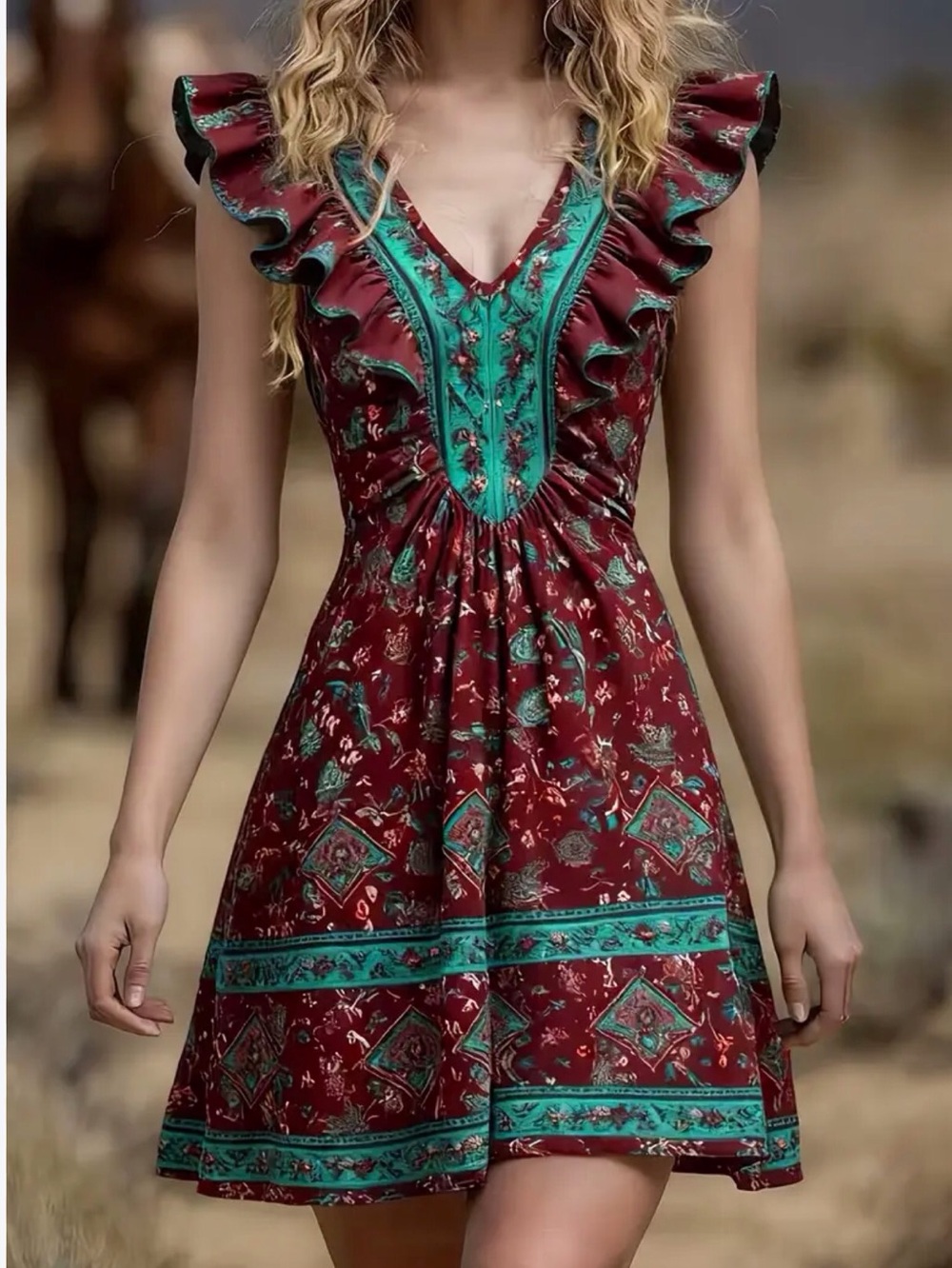 Bohemian Floral V-Neck Ruffled Mini Sundress Burgundy/Teal Green Size-L NEW